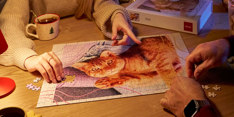 Zwei Personen setzen gemeinsam ein Foto-Puzzle mit Katzenfoto zusammen, daneben stehen eine rote Tischlampe.