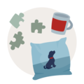 Kissen mit Hundemotiv, Puzzle-Teile und Tasse auf hellem Hintergrund