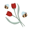 Zweige mit roten Tulpen und zwei Bienen auf hellem Hintergrund
