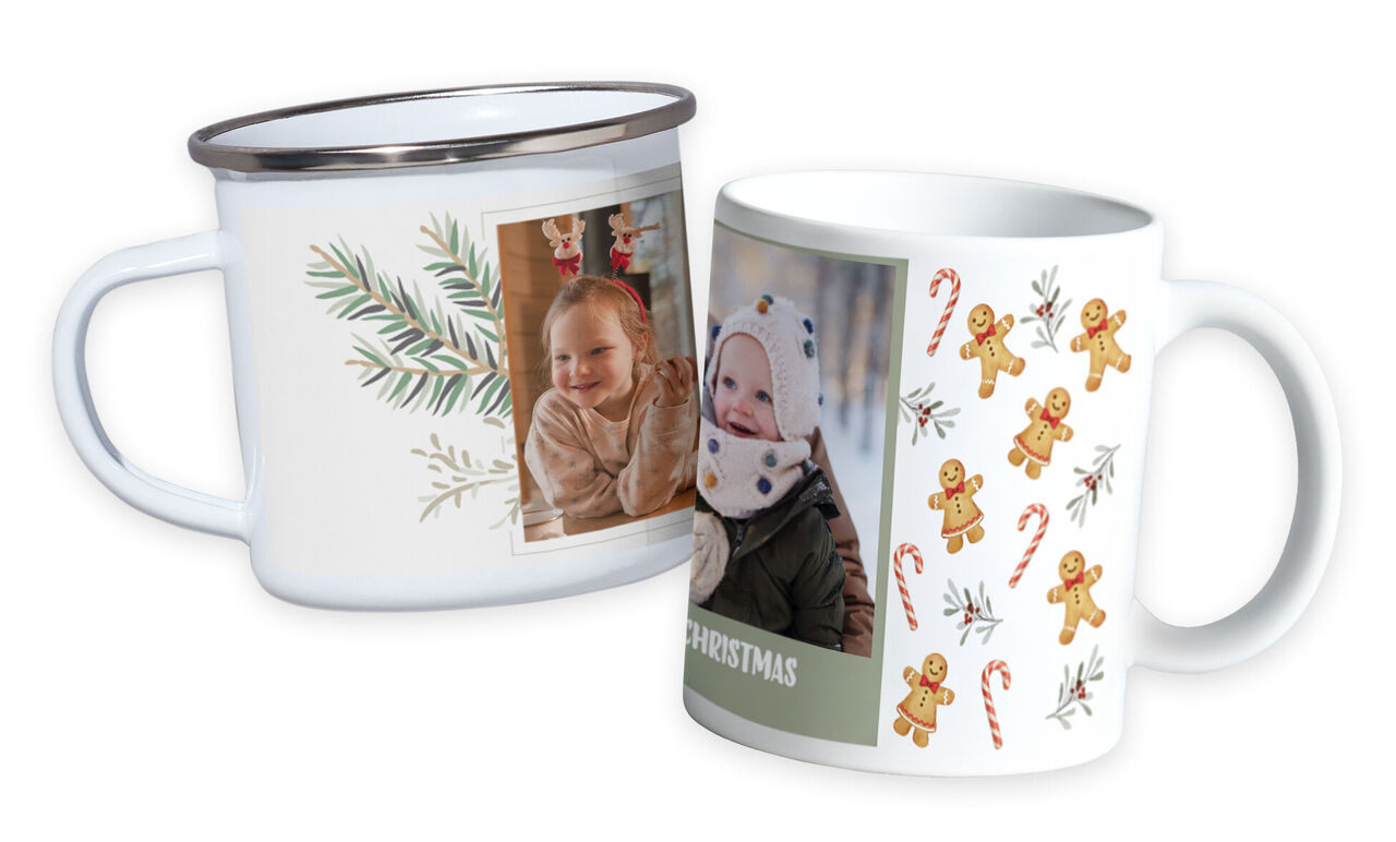 Zwei personalisierte Becher mit Foto und Weihnachtsdesign: Emaille mit Tannenzweig, Keramik mit Lebkuchen und Zuckerstangen
