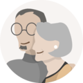 Illustration eines älteren Paares, das sich aneinanderlehnt. Mann mit Brille und Stechpalmenmotiv am grauen Pullove