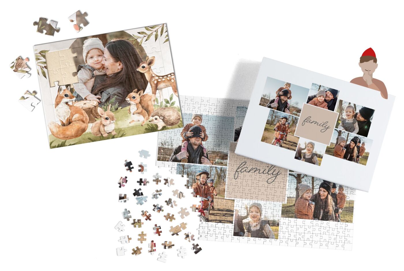 Zwei Fotopuzzles mit Familienfotos und Tierabbildungen, umgeben von zugehörigen Puzzleteilen.